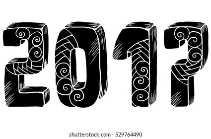 2017 vector doodle illustration for New Year decoration, black numbers isolated on white background.