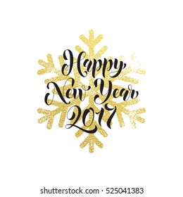 2017 Saludo vectorial por Feliz Año Nuevo de los ornamentos dorados y copos de nieve de cristal plateado. Afiche vectorial de decoración navideña dorada o tarjeta con letras de brillo de papel dorado