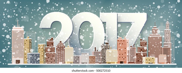 2017. Vector illustration. Winter urban landscape. City with snow. Christmas and new year. Cityscape. Buildings. Holidays in December and January.New year celebration.