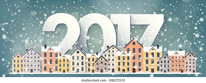 2017. Vector illustration. Winter urban landscape. City with snow. Christmas and new year. Cityscape. Buildings. Holidays in December and January.New year celebration.