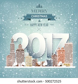 2017. Vector illustration. Winter urban landscape. City with snow. Christmas and new year. Cityscape. Buildings. Holidays in December and January.New year celebration.