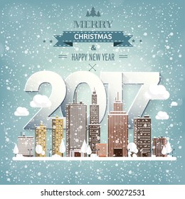 2017. Vector illustration. Winter urban landscape. City with snow. Christmas and new year. Cityscape. Buildings. Holidays in December and January.New year celebration.