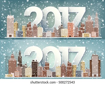 2017. Vector illustration. Winter urban landscape. City with snow. Christmas and new year. Cityscape. Buildings. Holidays in December and January.New year celebration.