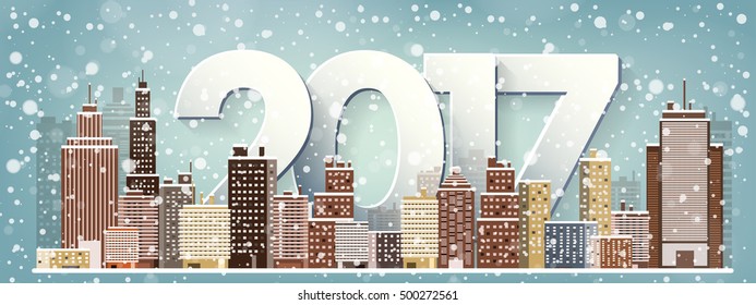 2017. Vector illustration. Winter urban landscape. City with snow. Christmas and new year. Cityscape. Buildings. Holidays in December and January.New year celebration.