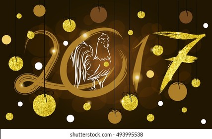 2017 vector image of handwritten, brush. Rooster, cock symbol of the year on the Chinese calendar. sketch of a golden luster texture