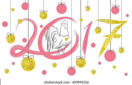 2017 vector image of handwritten, brush. Rooster, cock symbol of the year on the Chinese calendar. sketch of a golden luster texture