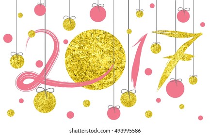 2017 vector image of handwritten, brush. calligraphy, gold glitter sketch texture