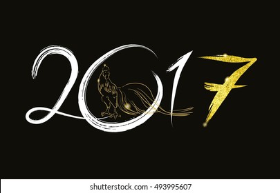 2017 vector image of handwritten, brush. Rooster, cock symbol of the year on the Chinese calendar. sketch of a golden luster texture