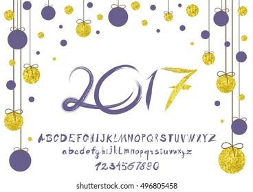 2017 vector image of handwritten, brush. calligraphy, gold glitter sketch texture, font. Handwritten brush style modern calligraphy cursive typeface. Typography alphabet for Designs