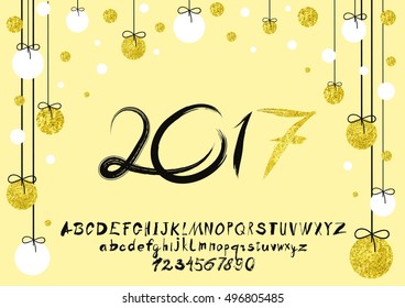 2017 vector image of handwritten, brush. calligraphy, gold glitter sketch texture, font. Handwritten brush style modern calligraphy cursive typeface. Typography alphabet for Designs