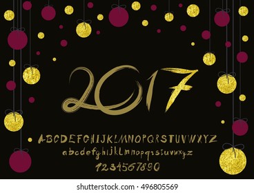 2017 vector image of handwritten, brush. calligraphy, gold glitter sketch texture, font. Handwritten brush style modern calligraphy cursive typeface. Typography alphabet for Designs