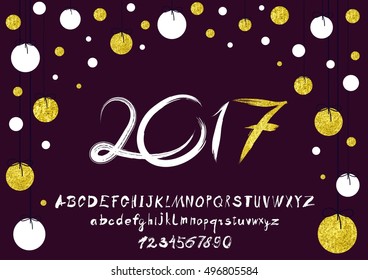 2017 vector image of handwritten, brush. calligraphy, gold glitter sketch texture, font. Handwritten brush style modern calligraphy cursive typeface. Typography alphabet for Designs