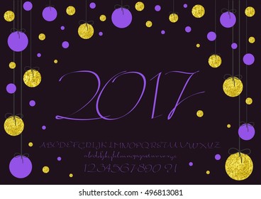 2017 vector image of handwritten, brush. calligraphy, gold glitter sketch texture, font. Handwritten brush style modern calligraphy cursive typeface. Typography alphabet for Designs