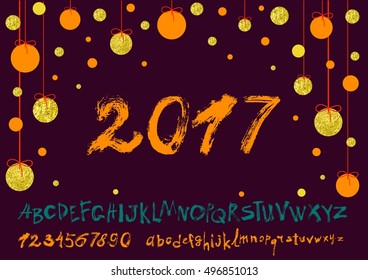 2017 vector image of handwritten, brush. calligraphy, gold glitter sketch texture, font. Handwritten brush style modern calligraphy cursive typeface. Typography alphabet for Designs