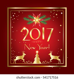 2017 Vector Merry Christmas and Happy New Year greeting cards background with glitter balls, fir tree, fall snow, sparkle, gold snowflakes, confetti. Luxury Christmas decoration. Winter Holiday design
