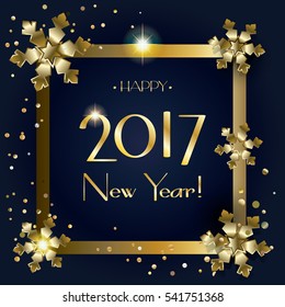 2017 Vector Merry Christmas and Happy New Year greeting cards background with glitter, snowfall sparkle gold snowflakes, confetti, golden frame. Luxury Christmas decoration Light effect Winter Holiday