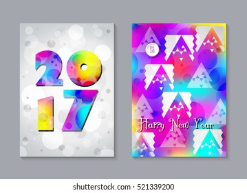2017. Vector set of celebratory New Year background. Date, stylized rainbow christmas tree, greeting. Template for banner, poster, card, invitation, brochure, flyer. Creative artistic design. A4 size 