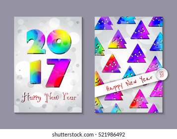 2017. Vector set of celebratory New Year background. Date, stylized rainbow christmas tree, greeting. Template for banner, poster, card, invitation, brochure, flyer. Creative artistic design. A4 size 