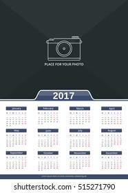2017 Wall calendar, week starts on Monday, A3 size, place for your photo, vector eps10 illustration