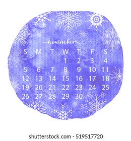 2017 watercolor texture calendar. November handwritten calligraphy. Vector illustration with falling snowflakes silhouettes.