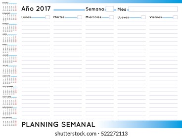 2017 Weekly planner. Spanish calendar for year 2017. Week starts on Monday