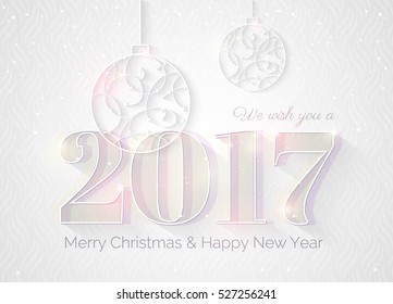 2017 white sparkling background.  Happy new year greeting card with numbers 2017 and christmas baubles. Elegant Christmas silver background with Silver glitter balls.  Vector illustration.
