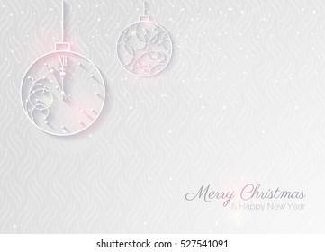 2017 white sparkling background.  Happy new year greeting card with clock and christmas baubles. Elegant Christmas silver background with Silver glitter balls.  Vector illustration.