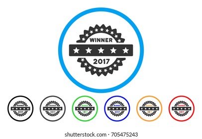 2017 Winner Stamp vector rounded icon. Image style is a flat gray icon symbol inside a blue circle. Additional color versions are grey, black, blue, green, red, orange.