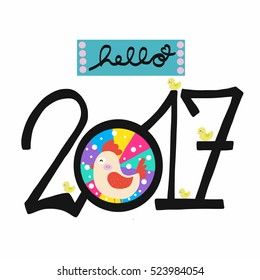 2017 word and chicken cartoon illustration on white background