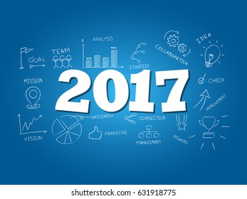 2017 word on light blue background. Vector illustration.