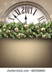 2017 Año de fondo con reloj, rama de abeto y bolas. Ilustración vectorial.