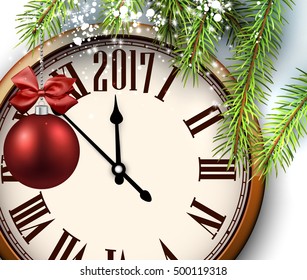2017 year background with clock, fir branches and ball. Vector illustration.
