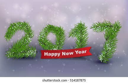 2017 year banner with snow and branches of christmas tree. Christmas design, decor. Vector illustration.