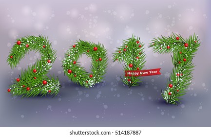 2017 year banner with snow and branches of christmas tree. Christmas design, decor. Vector illustration.
