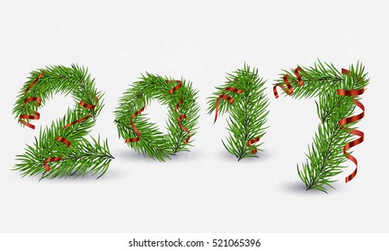 2017 year banner with snow and branches of christmas tree, fir and red ribbon, serpentine. Christmas design, decor. Isolated on white. Vector illustration.