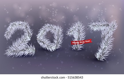 2017 year banner with snow, red ribbon and branches of christmas tree. Christmas design, decor. Vector illustration.