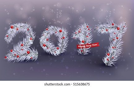 2017 year banner with snow, red ribbon and branches of christmas tree. Christmas design, decor. Vector illustration.