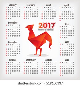 2017 year calendar with Chinese symbol of the year - rooster, vector illustration