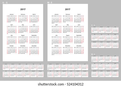 2017 Year Calendar Design Simple Style Vector Template. Planner on white background. Week starts from sunday.