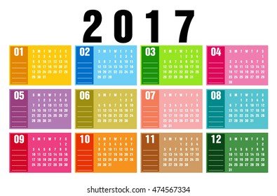 2017 year calendar design. Vector illustration. week starts on Sunday.

