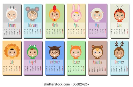 2017 year calendar with Kids in party Outfit. Children in Animal Carnival Costumes. 12 month, full year calendar design template. Calendar for kids.