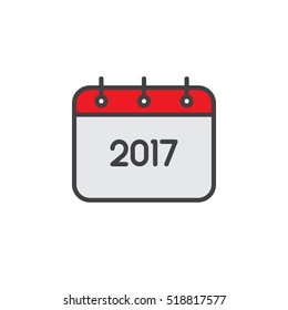 Kalenderzeilensymbol 2017, gefülltes Umrissvektorzeichen, lineares buntes Piktogramm einzeln auf Weiß. Logo-Illustration