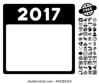 2017 Year Calendar Page icon with bonus calendar and time management pictograph collection. Vector illustration style is flat iconic symbols, black color, white background.