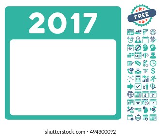 2017 Year Calendar Page pictograph with bonus calendar and time management icon set. Vector illustration style is flat iconic bicolor symbols, cobalt and cyan colors, white background.