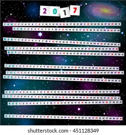 2017 Year Calendar with paper tape on cosmic background.
Smartly grouped and layered. Used font: Passion One - SIL Open Font License v1.10.
