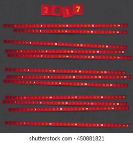 2017 Year Calendar with red strips on dark background.
Smartly grouped and layered. Used font: Passion One - SIL Open Font License v1.10.