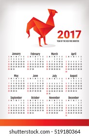 2017 year calendar with rooster, vector illustration