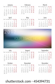  2017 year calendar simple style. Week starts from sunday. Vector template