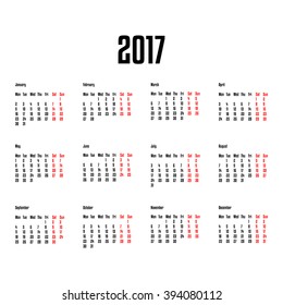 2017 year calendar template. Classic.Simple design. Minimalistic. White background. Vector Illustration. 