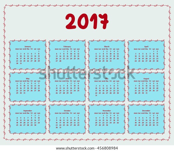 2017 year calendar template\
with decorative doodle elements, hand drawn frames,blue and red\
colors.